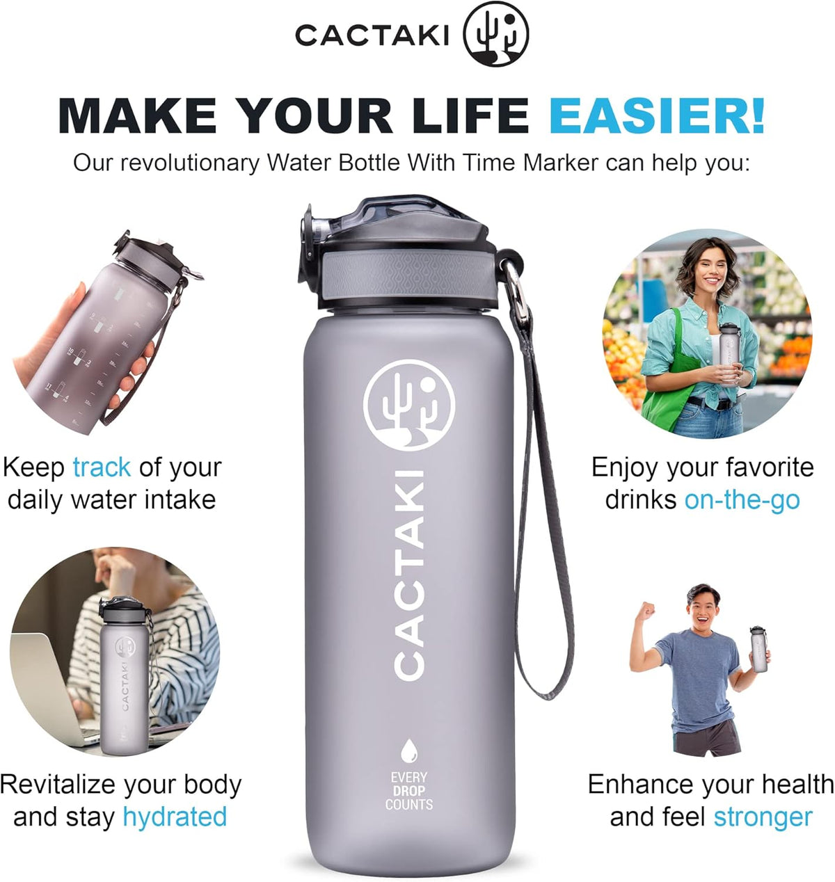 32 Oz Water Drinking Bottle with Time Marker, Straw & Strap - Stay Hydrated - Hydration Tracker & Reminder to Drink - Daily & Hourly Measurement Markings - Leak Spill Proof & BPA Free - Grey