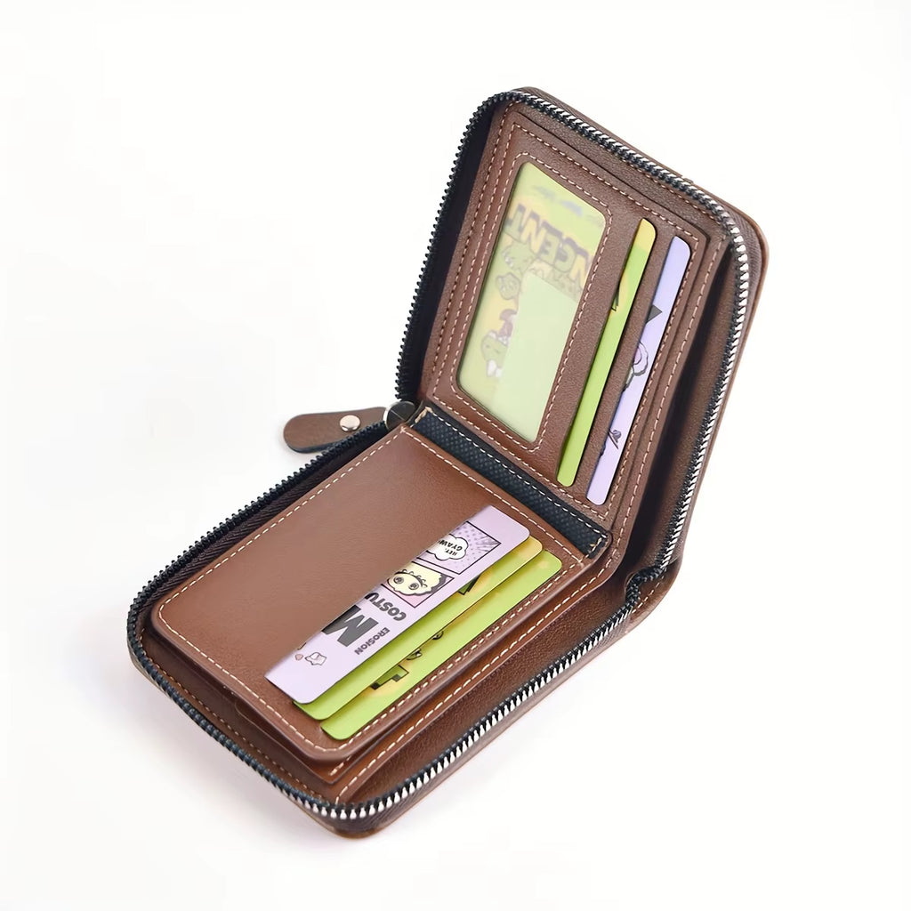 Men'S Wallet Made of PU Wax Oil Skin Purse for Men Coin Purse Short Male Card Holder Wallets Zipper around Money Coin Purse