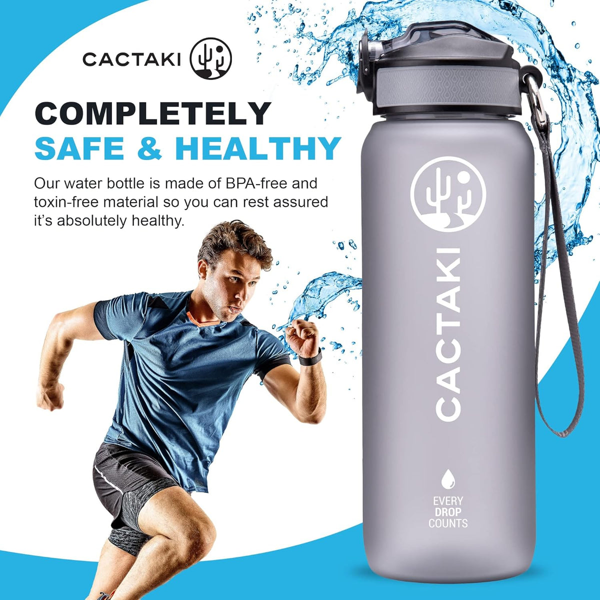 32 Oz Water Drinking Bottle with Time Marker, Straw & Strap - Stay Hydrated - Hydration Tracker & Reminder to Drink - Daily & Hourly Measurement Markings - Leak Spill Proof & BPA Free - Grey