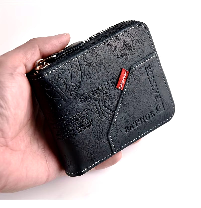 Men'S Wallet Made of PU Wax Oil Skin Purse for Men Coin Purse Short Male Card Holder Wallets Zipper around Money Coin Purse