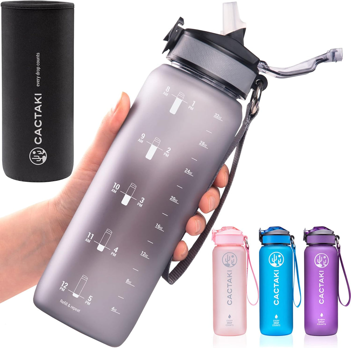 32 Oz Water Drinking Bottle with Time Marker, Straw & Strap - Stay Hydrated - Hydration Tracker & Reminder to Drink - Daily & Hourly Measurement Markings - Leak Spill Proof & BPA Free - Grey