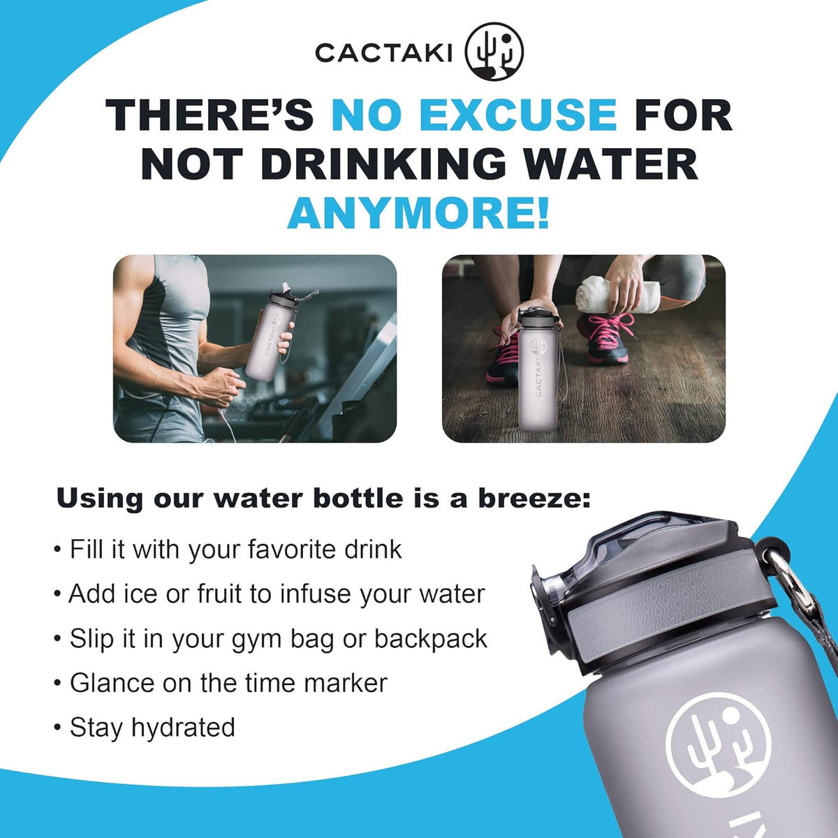 32 Oz Water Drinking Bottle with Time Marker, Straw & Strap - Stay Hydrated - Hydration Tracker & Reminder to Drink - Daily & Hourly Measurement Markings - Leak Spill Proof & BPA Free - Grey