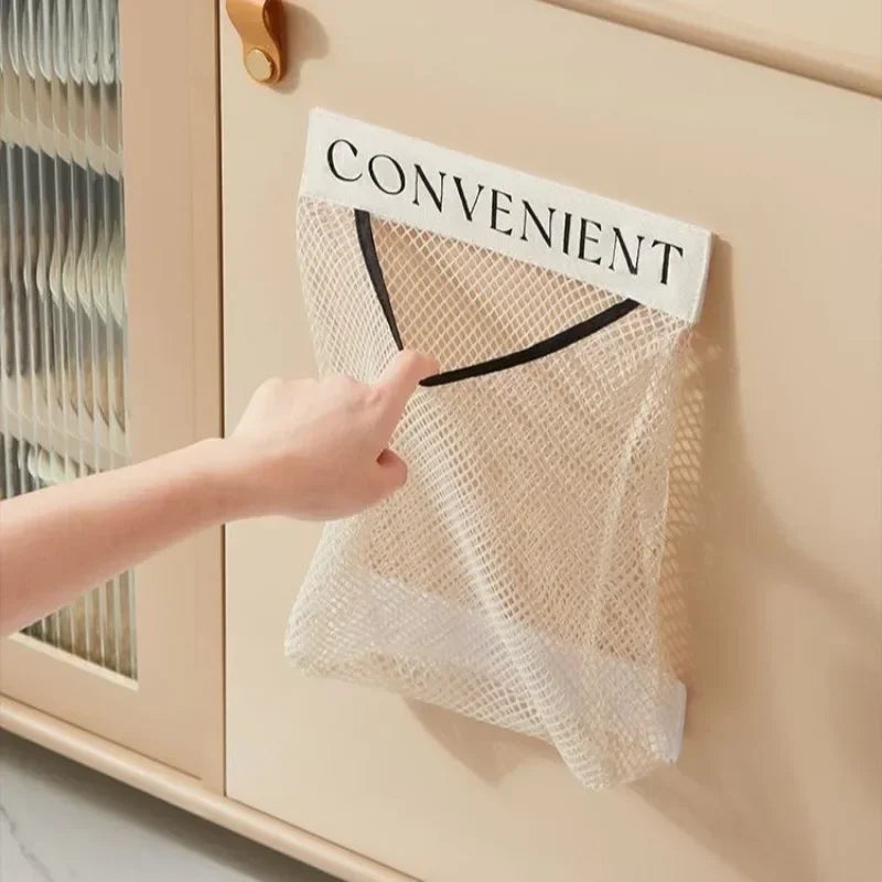 Wall Mount Mesh Storage Bag Garbage Bags Holder Plastic Shopping Bags Dispenser Sundries Bag Net Storage Grocery Bags Organizer