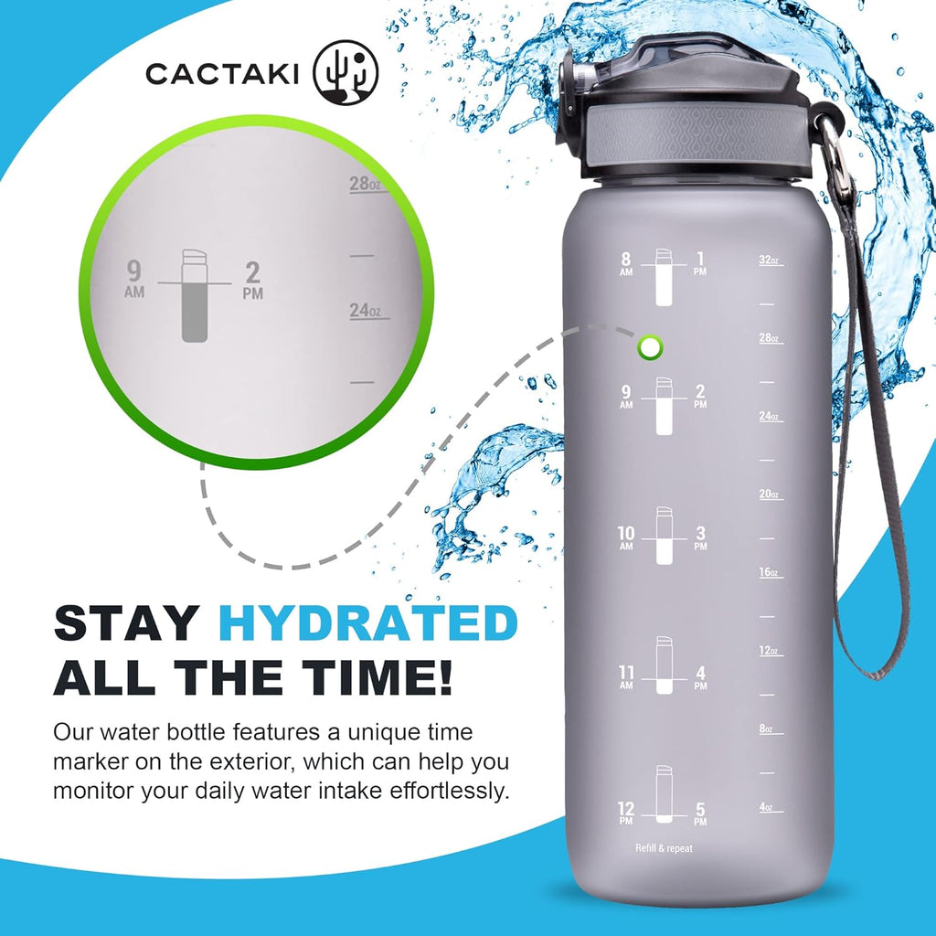 32 Oz Water Drinking Bottle with Time Marker, Straw & Strap - Stay Hydrated - Hydration Tracker & Reminder to Drink - Daily & Hourly Measurement Markings - Leak Spill Proof & BPA Free - Grey