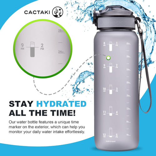 32 Oz Water Drinking Bottle with Time Marker, Straw & Strap - Stay Hydrated - Hydration Tracker & Reminder to Drink - Daily & Hourly Measurement Markings - Leak Spill Proof & BPA Free - Grey
