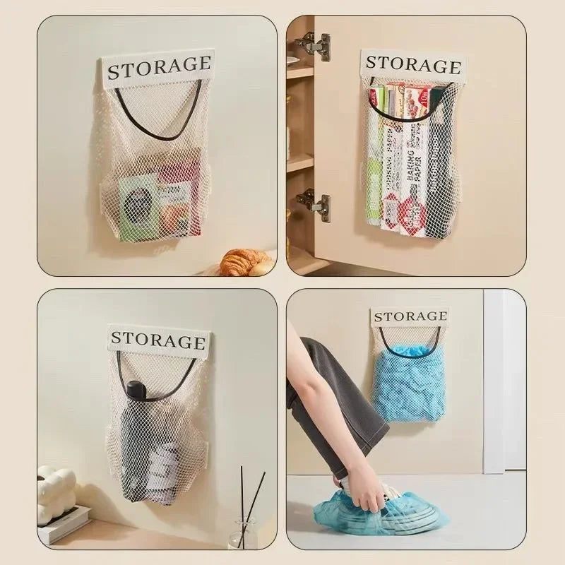 Wall Mount Mesh Storage Bag Garbage Bags Holder Plastic Shopping Bags Dispenser Sundries Bag Net Storage Grocery Bags Organizer