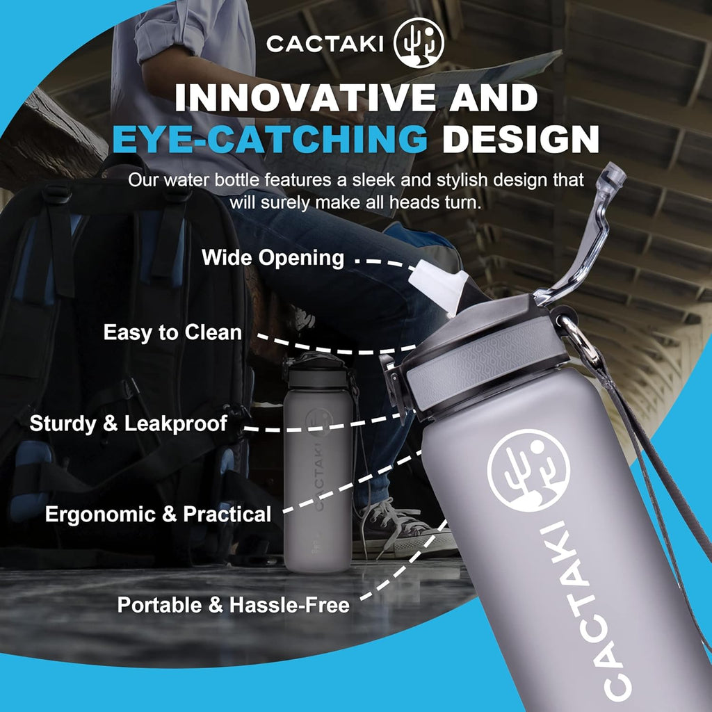 32 Oz Water Drinking Bottle with Time Marker, Straw & Strap - Stay Hydrated - Hydration Tracker & Reminder to Drink - Daily & Hourly Measurement Markings - Leak Spill Proof & BPA Free - Grey