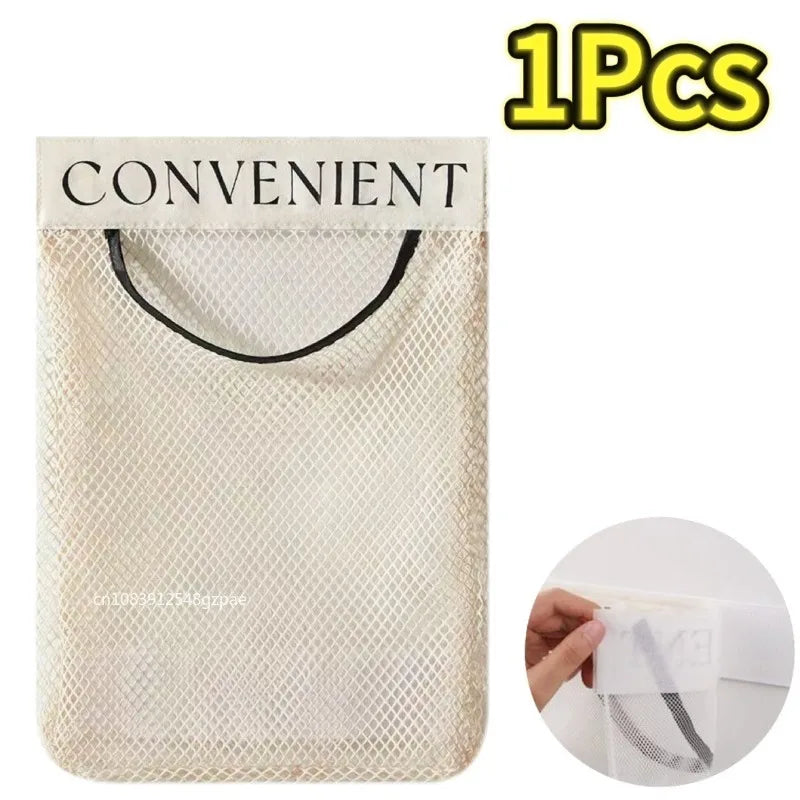 Wall Mount Mesh Storage Bag Garbage Bags Holder Plastic Shopping Bags Dispenser Sundries Bag Net Storage Grocery Bags Organizer